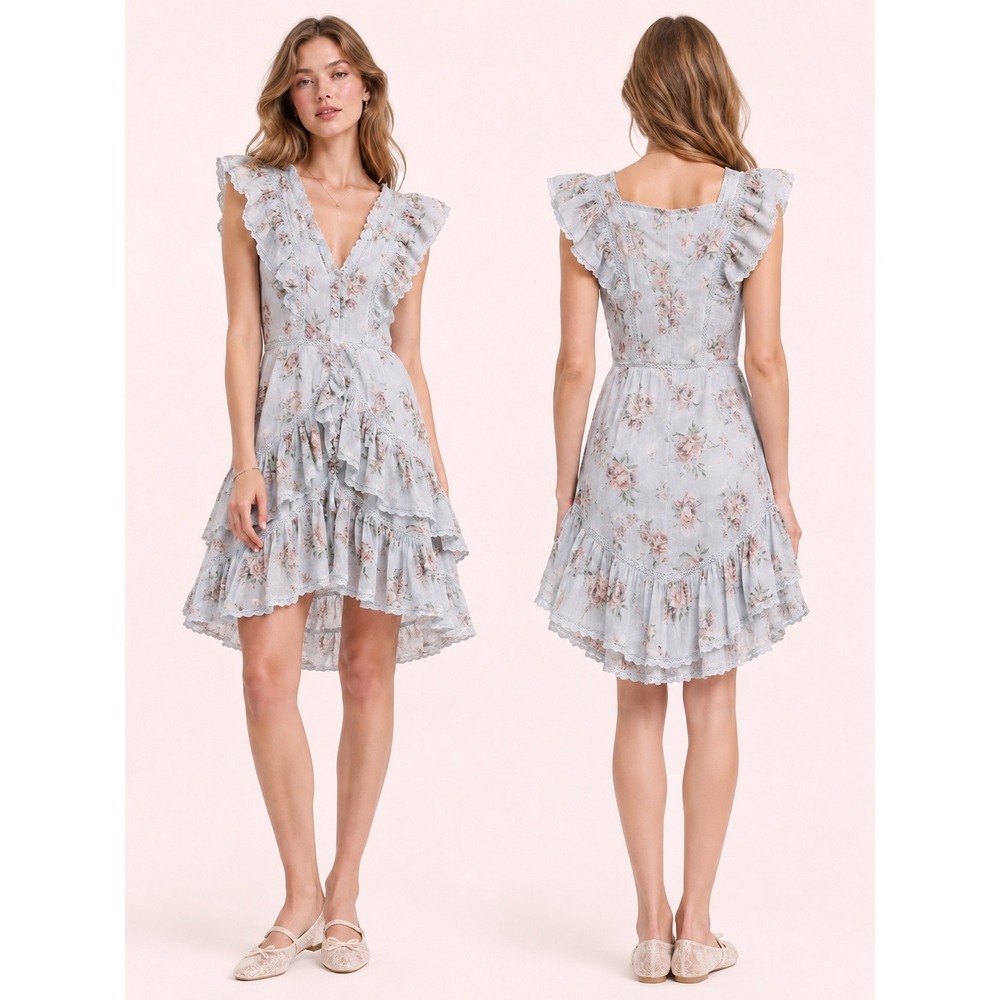LoveShackFancy India Blue Floral Lace Ruffle Mini Dress XS